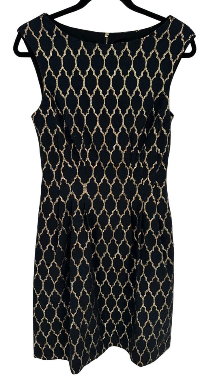 Vince Camuto Black Gold Metallic Geometric A-Line Dress Sleeveless Party Women 6